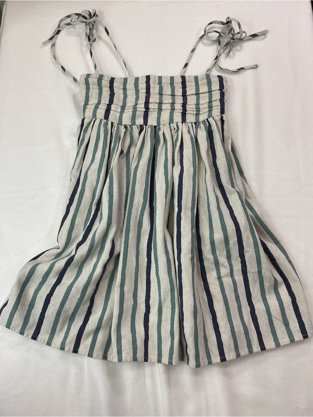 Striped Tie-Shoulder Mini Dress in Blue & Green 100% cotton